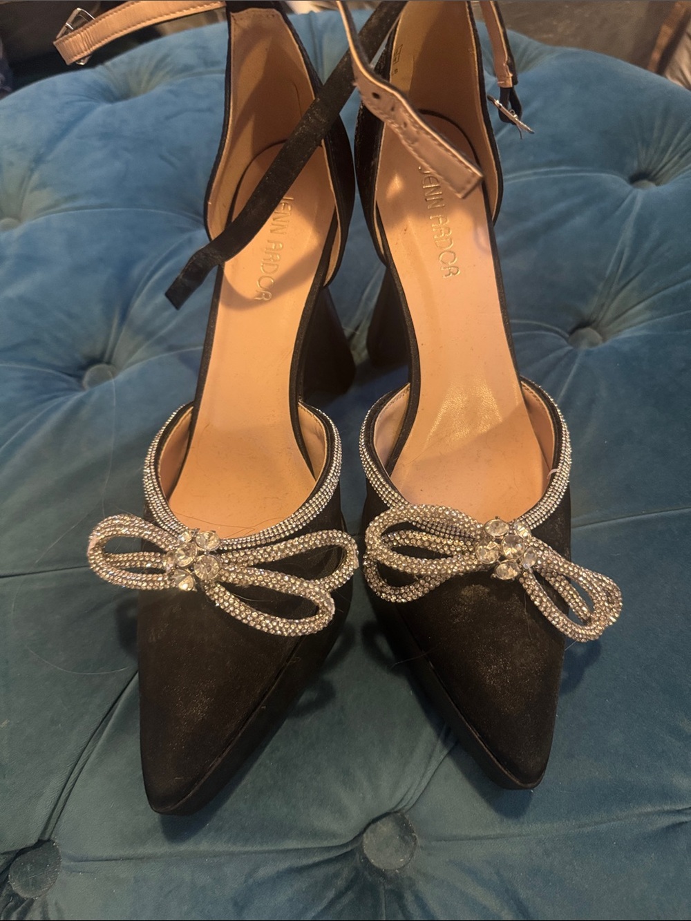 Black Rhinestone Bow Pointed-Toe Ankle-Strap Heels